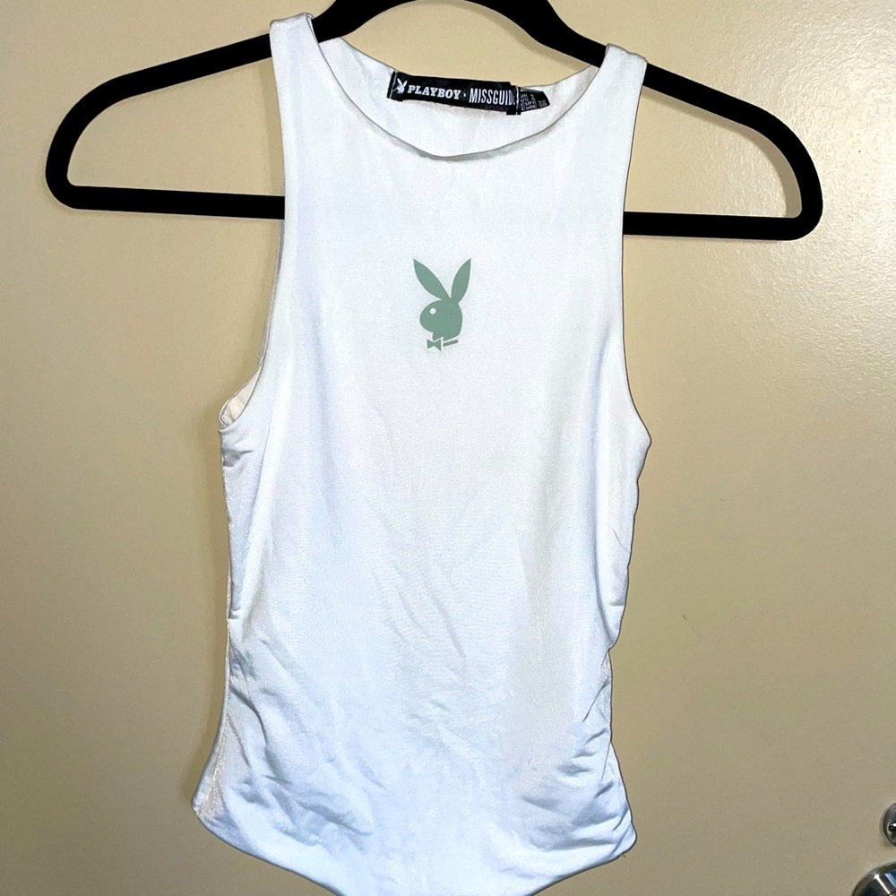 Playboy X Misguided Bodysuit - white & olive playboy logo. Size 0